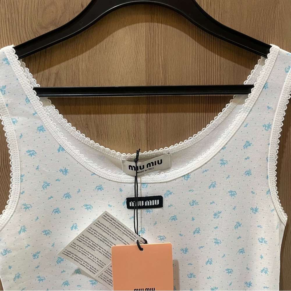 Miu Miu White Tank Top with Light Blue Micro Print - Picture 3 of 6
